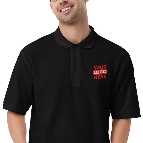 Happy man wearing a corporate polo shirt that has been embroidered with a company logo to represent products available in Houston and the surrounding H-Town.